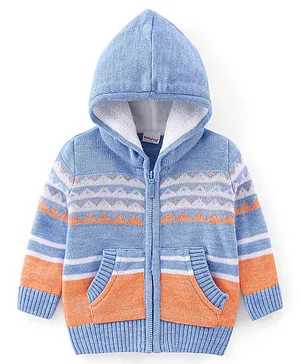 Babyhug Knitted Full Sleeves Front Open Sweater with Hood & Stripes Design - Blue & Orange