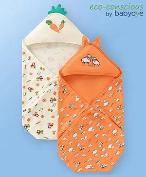 Babyoye 100% Cotton Hooded Towels With Eco Jiva Finish Carrot & Sheep Print Pack of 2 L 82 x B 78 cm - Cream & Orange