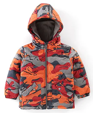 Babyhug Full Sleeves Hooded & Padded Jacket Camo Print- Orange Red & Grey