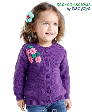 Babyoye 100% Cotton Eco Conscious Full Sleeves Sweater Floral Design-Purple