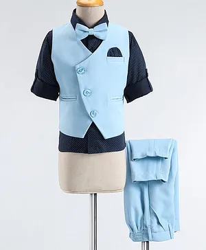 Robo Fry Woven Full Sleeves Party Suit with Bow Polka Dot Print - Blue