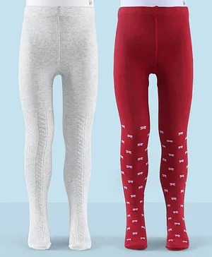 Honeyhap Premium Cotton Super Soft Stretchable Self Knitted  Tights with Silvadur Finish Pack of 2 - Ecru Melange & Savvy Red