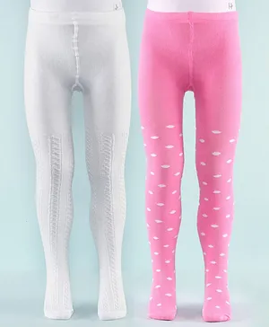Honeyhap Premium Cotton Super Soft Stretchable Self Knitted Tights With Silvadur Finish Pack Of 2 - White & Pink