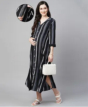 MomToBe Three Fourth Sleeves Rayon Striped Maternity Dress - Grey & Black
