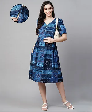 MomToBe Half Sleeves Motif Printed Maternity Dress - Sapphire Blue