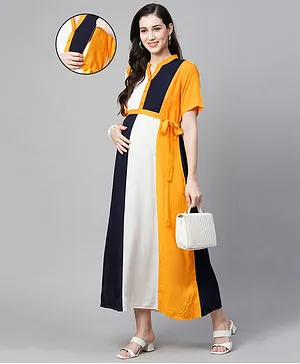 MomToBe Half Sleeves Striped Maternity Dress - White Navy Blue & Mustard Yellow