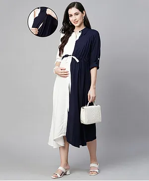 MomToBe Half Sleeves Colour Blocked Rayon Maternity Dress - White & Navy Blue