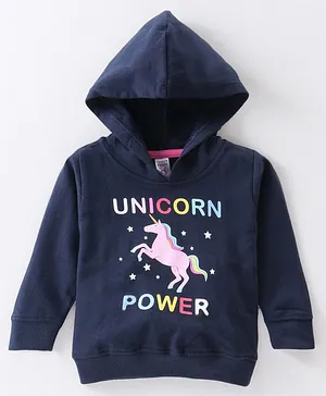 Pink Rabbit Cotton Looper Full Sleeves Hooded Sweatshirt Unicorn Print- Navy Blue