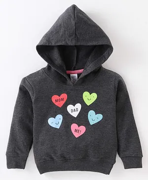 Pink Rabbit Cotton Looper Full Sleeves Hooded Sweatshirt Hearts Print- Grey