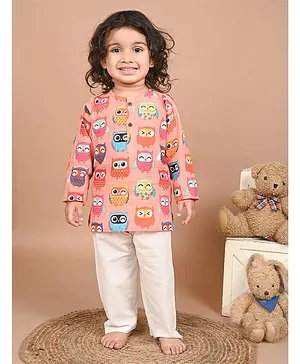 LIL PITAARA Pure Cotton Full Sleeves Tee & Pyjama Set Owl Print - Pink