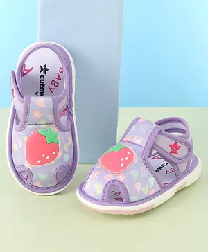 Cute Walk by Babyhug Velcro Closure Musical Sandals with Strawberry Applique - Purple