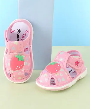 Cute Walk by Babyhug Velcro Closure Musical Sandals with Strawberry Applique - Pink