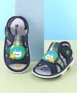 Cute Walk by Babyhug Velcro Closure Musical Sandals with Kitten Applique - Navy Blue