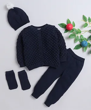 Yellow Apple Full Sleeves Sweater Set with Caps & Booties Set Cable Knit Design - Navy Blue