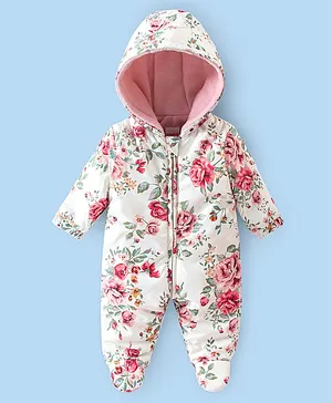 Babyhug Woven Full Sleeves Winter Wear Hooded Romper with Front Zipper Floral Print - White & Pink