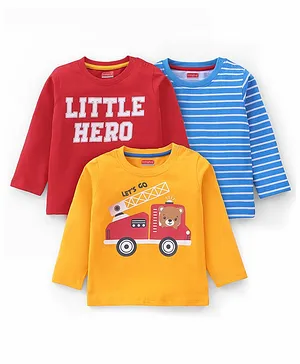 Babyhug Full Sleeves T-Shirt with Graphics Print & Striped Pack of 3 - Blue Red & Yellow
