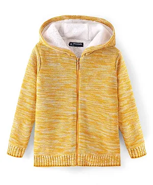 Pine Kids Knitted Full Sleeves Hooded Zipper Sweater Texture Design - Mustard