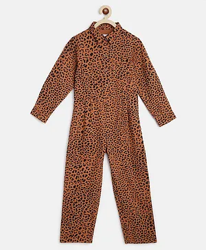 Tales & Stories 100% Cotton Full Sleeves Seamless Leopard Printed Shirt Style Jumpsuit - Rust Brown