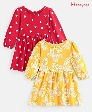 Honeyhap Premium Cotton Jersey Full Sleeves Frocks with Bio Finish Butterfly & Polka Dot Print Pack of 2 - Red & Yellow