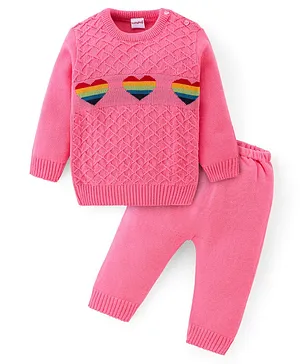 Babyhug Knitted Full Sleeves Heart Design Sweater Set -Pink