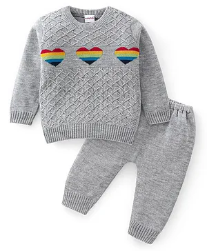 Babyhug Full Sleeves Baby Sweater Set with Heart Design - Grey