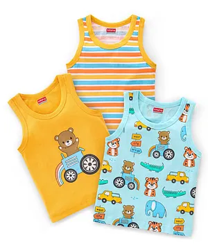 Babyhug 100% Cotton Sleeveless Sando Vests Stripes & Bear Print Pack of 3- Blue & Yellow