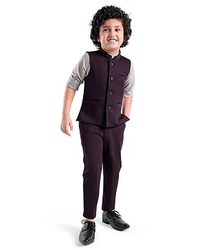 Babyhug Woven Full Sleeves Stretch Fit Party Suit With Waist Coat - Grey & Wine