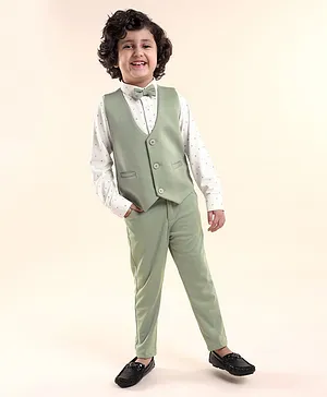 Babyhug Woven Full Sleeves Stretch Fit Party Suit With Waist Coat & Bow - Green & White