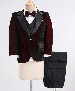 Robo Fry Velvet Full Sleeves Four Piece Party Suit with Bow - Maroon