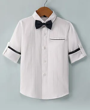 Robo Fry Cotton Full Sleeves Solid Party Shirt with Bow Tie - White