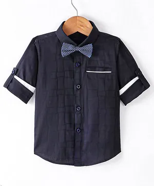 Robo Fry Cotton Full Sleeves Solid Party Shirt With Bow Tie - Navy Blue
