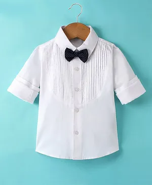 Robo Fry Cotton DC Full Sleeves Pintucks Party Shirt With Bow Solid Colour - White