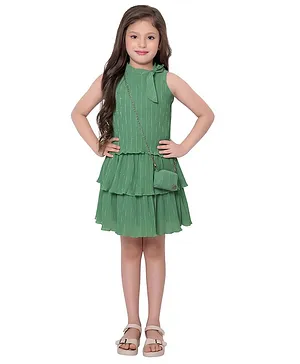 TINY BABY Sleeveless Solid Accordion Pleated Top With Coordinating Layered Skirt - Green