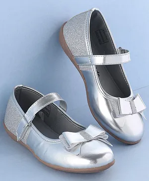 Pine Kids Ballerinas with Velcro Closure & Bow Applique - Silver