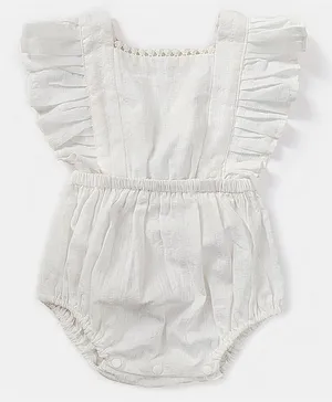 Halemons Kantha Cotton Frill Sleeves Lace Neckline Detailed  With Elastic Waist Diaper Opening Romper - White