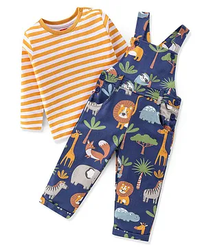 Babyhug Cotton Knit Lion Printed Dungaree with Full Sleeves Striped Inner Tee - Orange & Blue