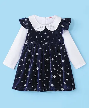 Babyhug 100% Cotton Knit Full Sleeves Frock With Stars Print & Embroidery - White & Navy Blue