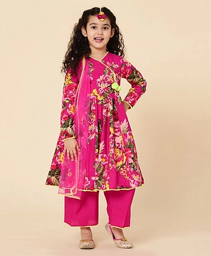 A.T.U.N. Full Sleeves Floral Printed Brooch Embellished Angrakha Style Lace Embellished Kurta With Palazzo & Dupatta - Fuchsia Pink