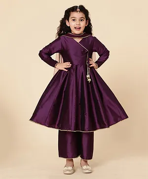A.T.U.N. Full Sleeves Solid Angrakha Style Kurta With Palazzos With Dupatta - Wine Purple