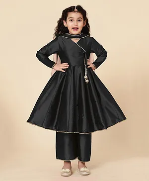 A.T.U.N. Full Sleeves Solid Angrakha Style Kurta With Palazzos With Dupatta - Black