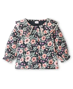 Babyhug Rayon Woven Full Sleeves Floral Printed with Lace & Frill Detailing Top - Navy