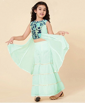A.T.U.N. Sleeveless Floral Embroidered  Top With Sharara - Mint Green And Navy