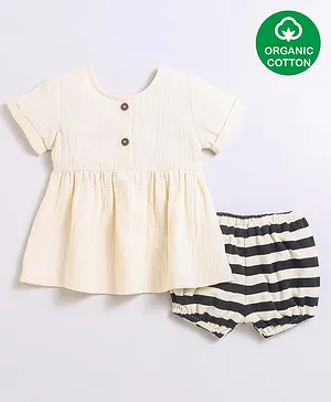Nino Bambino 100% Organic Cotton Half Sleeves Solid Dress With Striped Bloomer - Cream