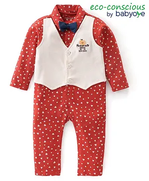 Babyoye  100% Cotton with Eco-Jiva Finish Full Sleeves All Over Printed Halloween Theme Party Romper with Bow - Red
