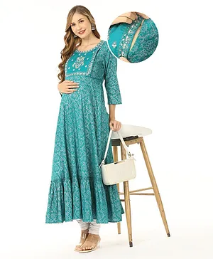 Bella Mama Woven Three Fourth Sleeves All Over Gold Print With Embroidered Yoke Maternity Kurta - Teal