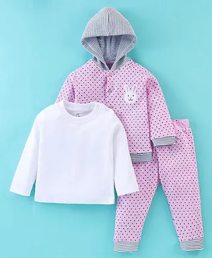 Baby Go 100% Cotton Interlock Full Sleeves T-Shirt & Joggers With Teddy Embroidery & Dots Print - Pink