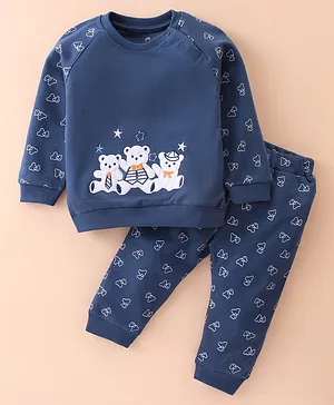 Baby Go Interlock 100% Cotton Knit Raglan Sleeves Night Suit Bear Embroidery & Print - Navy Blue