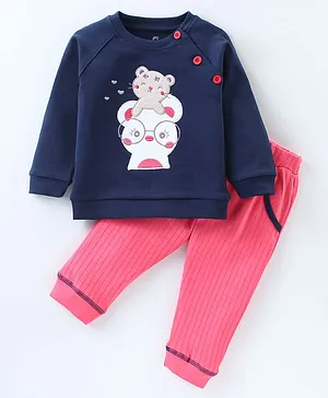 Baby GO 100% Cotton Interlock Full Sleeves  T-Shirt with Cat Design and Lounge Pant - Navy Blue & Pink