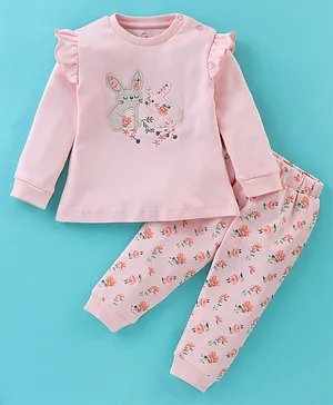 Baby Go Interlock 100% Cotton Knit Full Sleeves Night Suit with Bunny Embroidery & Floral Print - Peach