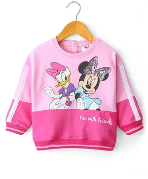 Babyhug Cotton Knit Full Sleeves Color Block Sweatshirt With Minnie & Friends Graphics & Sequins Detailing - Pink